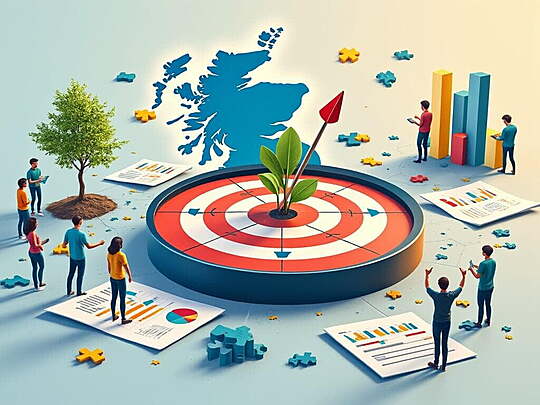 A composite image featuring a compass pointing to a target on a UK map, symbolizing market navigation; a seedling sprouting through concrete, representing startup resilience; arrows hitting a bullseye, indicating successful targeting; puzzle pieces assembling, showing market clarity; people engaged in surveys and a brainstorming session, depicting research processes; various data charts and graphs for analysis; and a vibrant photo of a thriving UK startup, showcasing success through market research. The image uses a bright, energetic color palette with a clean, modern style.